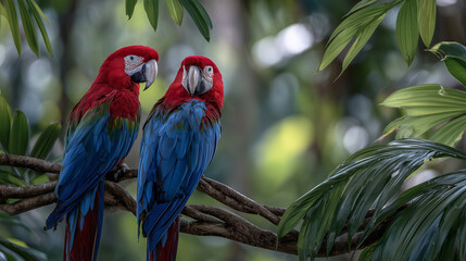 Obraz premium Two vibrant macaw siblings perched on a twisted vine, tropical leaves surrounding them, sunlight filtering through dense jungle canopy