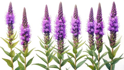 Naklejka premium A collection of vibrant purple flowers with spires of delicate blooms, set against a pure white background.