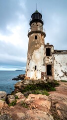 A weathered lighthouse on a rocky coast