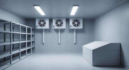 Empty Cold Storage Room with Shelving and AC Units, Isolated on Gray Background