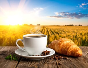 Coffee and croissant at sunrise