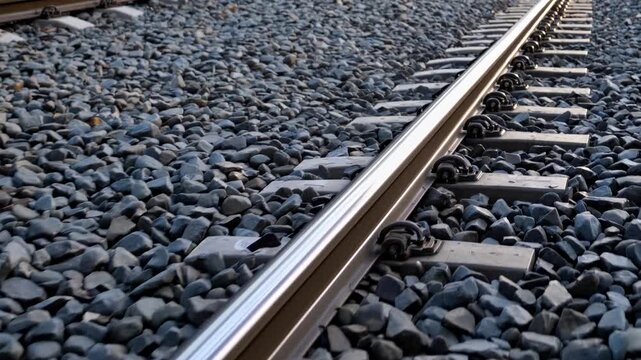 Railway Tracks Leading to a Station With Focus on the Steel Rails and Surrounding Gravel, Captured From a Low Angle View