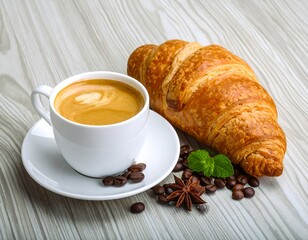 Coffee and Croissant on a light wood table