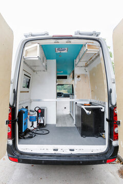 Interior of a Van Conversion Project Designed for Camping