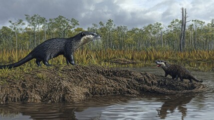 Fototapeta premium Two Giant Otters in a Prehistoric Swamp Landscape, Detailed Illustration