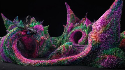 Surreal Landscape with Fly: Colorful Spheres, Abstract Architecture, Dark Backdrop