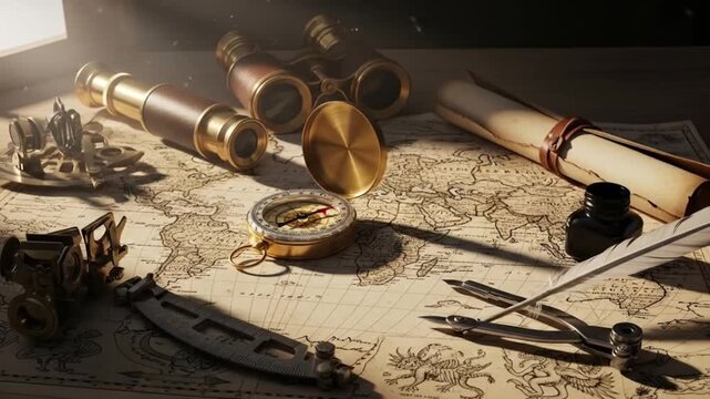 Antique navigational tools on vintage world map, inspiring exploration and discovery