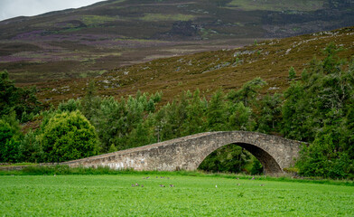 A beautiful stone arched bridge , view from rural scottish village.