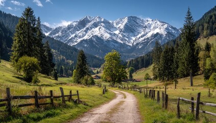 Scenic mountain path winding through a valley, dotted with farmhouses, framed by snow-capped peaks and lush greenery. Sunny day