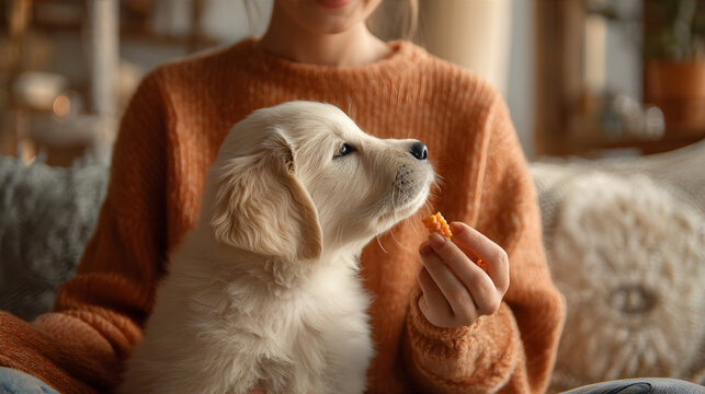 Young woman feeding a golden retriever puppy a treat. Pet care and training concept for happy animal ownership and responsible pet feeding.