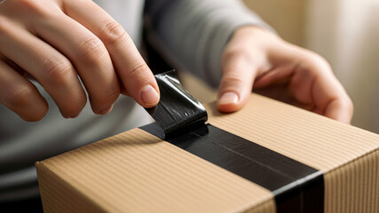 Person wrapping a brown carton box with black tape