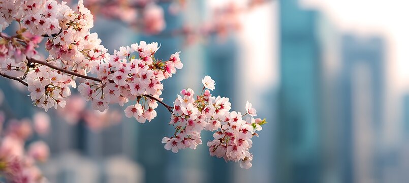 Beautiful cherry blossom tree branch with pink flowers and city background for spring nature wallpaper art - Powered by Adobe