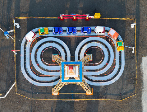 Aerial View of Colorful Mobile Amusement Ride