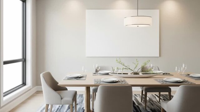 Elegant dining room set for guests with minimalist decor and modern chandelier.