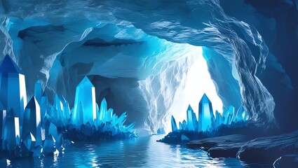 Crystal cave with shimmering blue crystals and reflective water