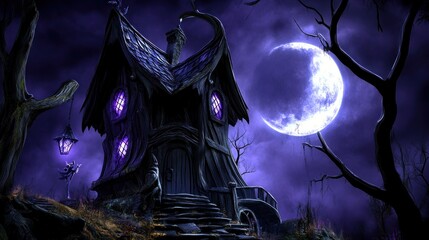 Spooky Halloween House Under Full Moon: Fantasy Night Scene, Purple Glow.