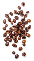Coffee beans scattered on white