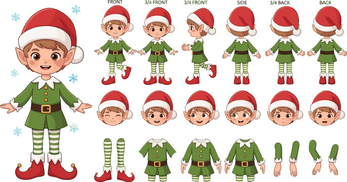 Festive Animated Elf Character Sheet with Multiple Poses and Expressions