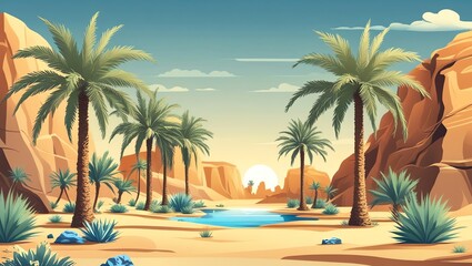 Desert oasis with palm trees rocks and a pool of water
