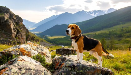 Beagle dog atop a rocky outcrop, majestic mountain scenery