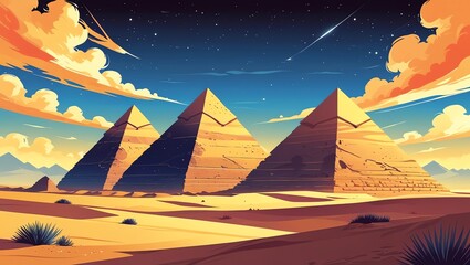 Egyptian pyramids under a starry sky with passing clouds and a meteor