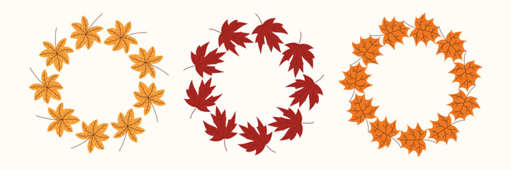 Autumn wreaths with colorful leaves. Decorative fall circle frames. Vector illustration isolated on white background.