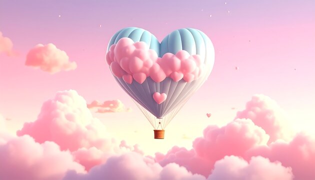 Heart-shaped hot air balloon, pastel colors, floating amidst pink clouds, romantic scene