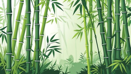 Lush bamboo forest with dense foliage and misty background