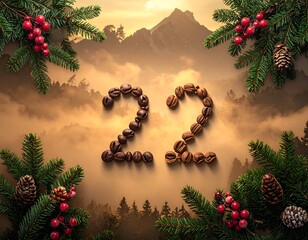 Coffee beans spelling "22" on a mountain scene