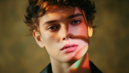 Artistic Portrait of Young Man with Colorful Light and Shadows