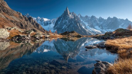 Majestic Mountain Peak Reflected in Clear Lake, Snow-Capped Peaks and Golden Grass – Serene Wilderness Landscape, Perfect for Nature and Adventure Photography