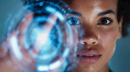 Futuristic technology concept, Afro-American woman interacting with digital holographic interface, close up face and glowing blue virtual HUD screen, innovation, artificial intelligence, cyber future