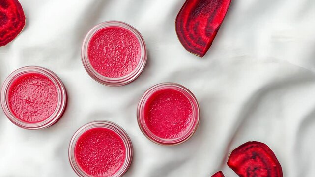 Red beetroot slices and circular patterns on white surface creating dynamic visual arrangement