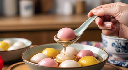 Hand picking a tangyuan from a bowl with a spoon