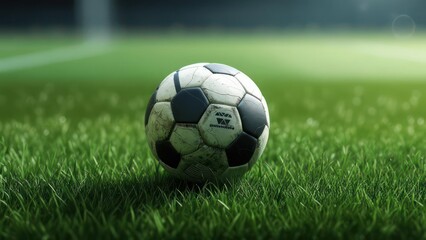 Fototapeta premium A well-worn, classic black-and-white soccer ball rests on a lush green grass field, with a blurred stadium background suggesting a game's end or a moment of quiet anticipation