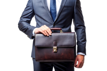 Professional businessman in suit holding leather briefcase isolated on isolated on transparent background