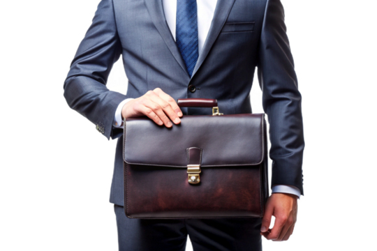 Professional businessman in suit holding leather briefcase isolated on isolated on transparent background