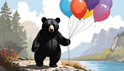Bear with balloons in a scenic landscape