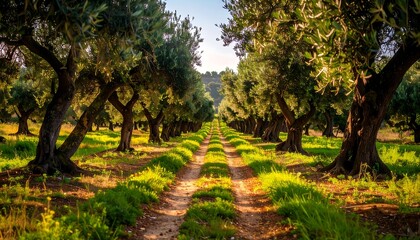 Naklejka premium Sunlit Path Through Lush Olive Grove, Mediterranean Landscape