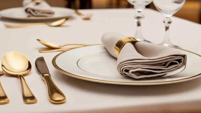 Elegant gold silverware and napkin set for a luxurious dining experience, perfect for events.