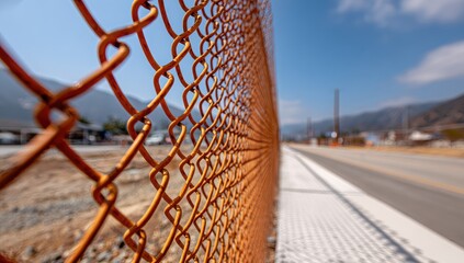 Close-up of rusty orange chain-link fence, road, and mountains beyond