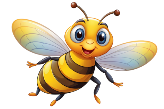 Adorable cartoon honeybee flying happily with big eyes and yellow stripes isolated on transparent background