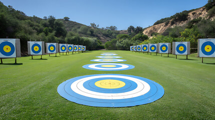 Archery targets arranged in a row on a grassy field with hills in the background