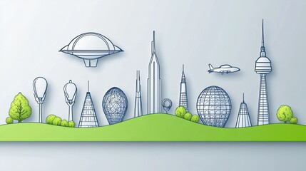 Futuristic Cityscape Illustration with Flying Saucer and Iconic Buildings, Blue Outline