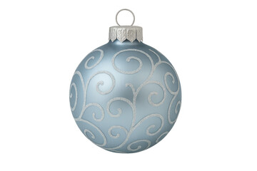 Light blue christmas ball ornament hanging with silver glitter swirls on transparent background