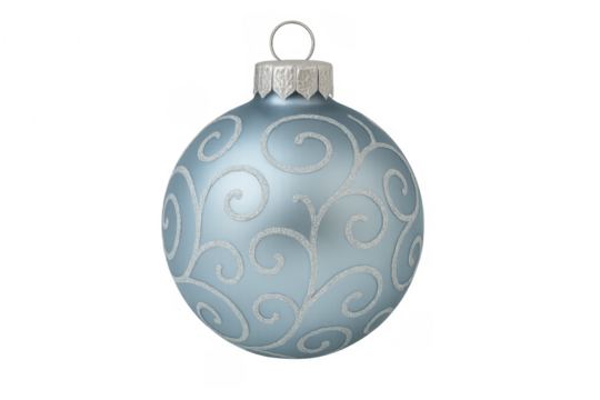 Light blue christmas ball ornament hanging with silver glitter swirls on transparent background