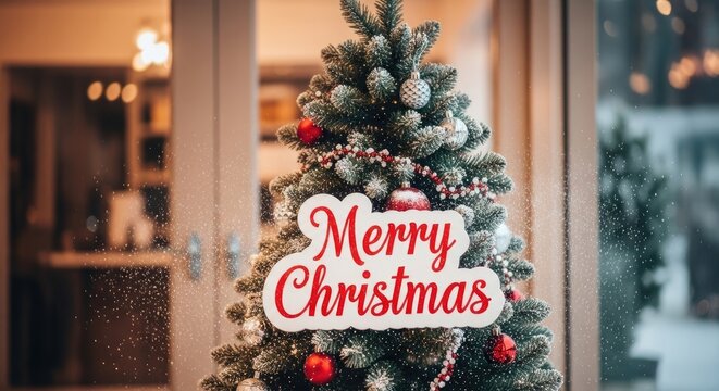 A decorated Christmas tree sits indoors, adorned with ornaments and a greeting. The festive display creates a warm and joyful atmosphere, wishing everyone a merry christmas
