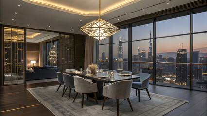 A sleek modern dining room bathed in soft, ambient lighting, featuring a minimalist table crafted from polished dark wood or matte stone, surrounded by designer chairs