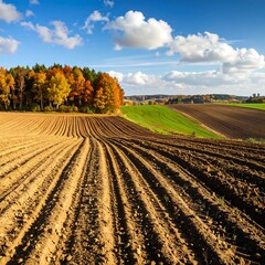 Autumn farmland rows under a vast blue sky