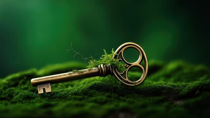 An antique brass key, partially covered in vibrant green moss, rests on a bed of lush moss against a blurred green background.  The key's intricate details are visible, suggesting age and history